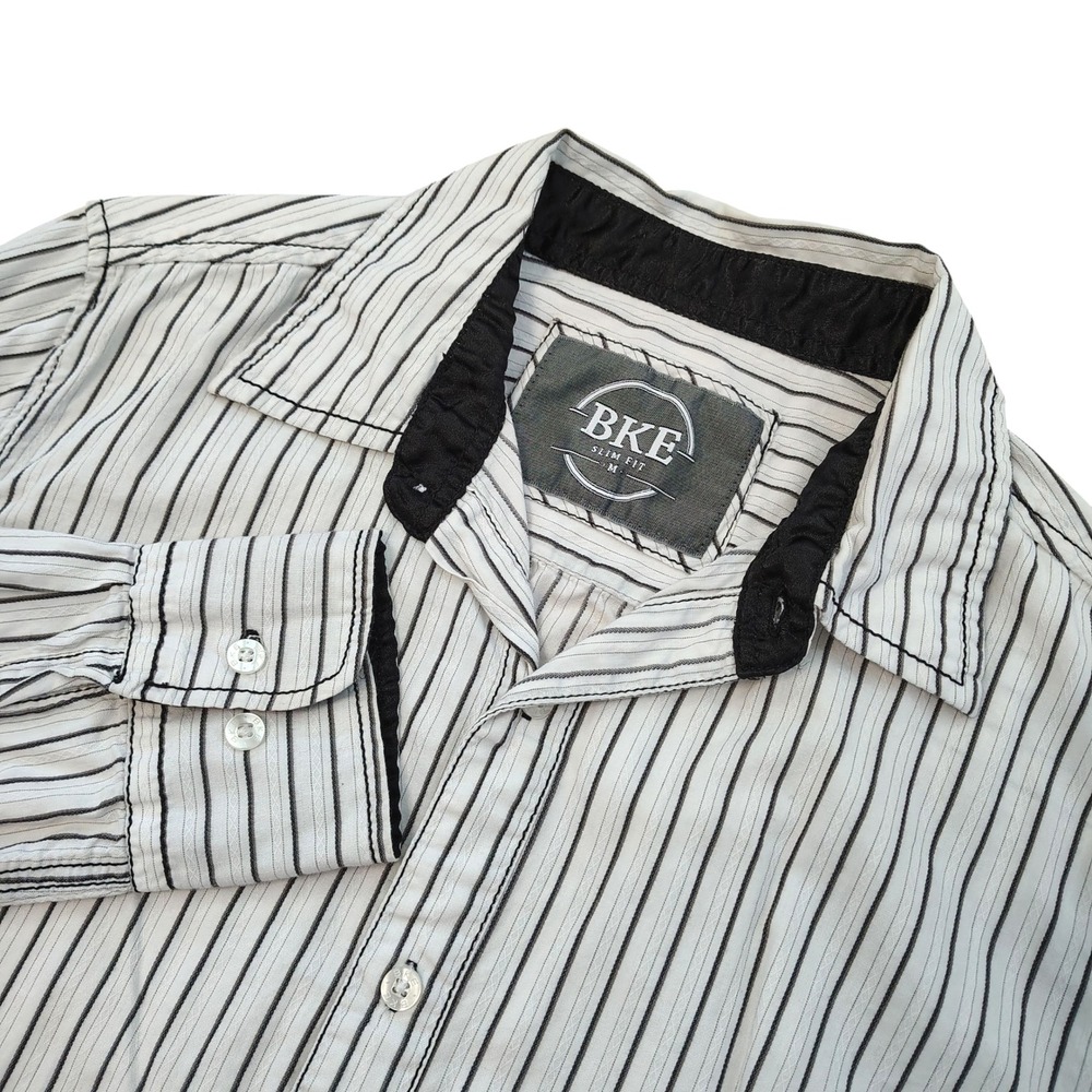 BKE Mens Button Down Shirt Medium Slim Fit‎ White with Black Striped Casual